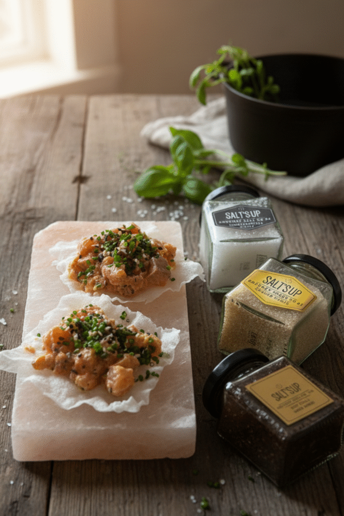 Appetizers topped with chives and sauce served on parchment paper on a pink Himalayan salt block, with three jars of gourmet salts on a wooden table.